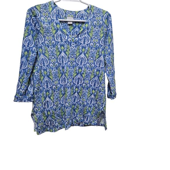 Chico’s Blue Green Linen 3/4 Sleeve Blouse Size 0 Small - Picture 1 of 8